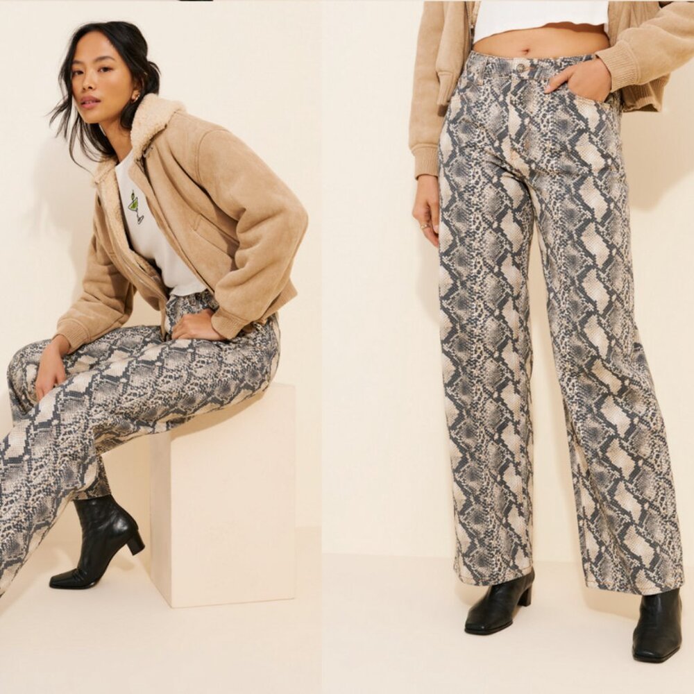 Lioness Snake-Print Straight Leg Jeans in Gray and Black